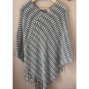 WinWin Open Knit Poncho Shawl Gray White Striped One Size Pullover